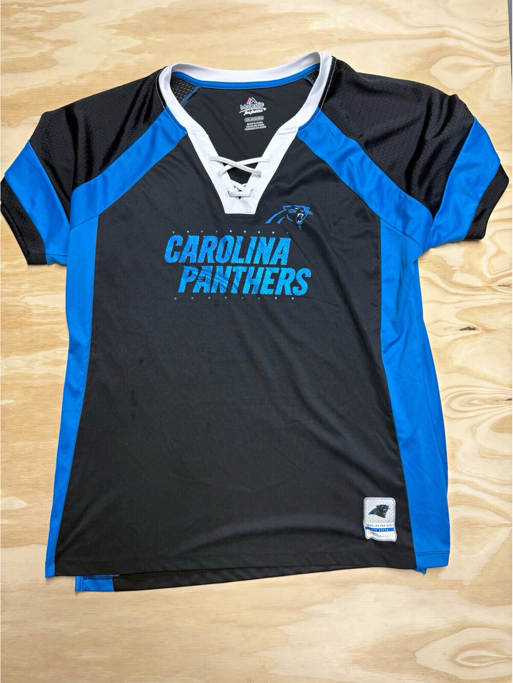 Majestic NFL Carolina Panthers Men’s 2XL Lace-Up Shirt Black Blue White Football